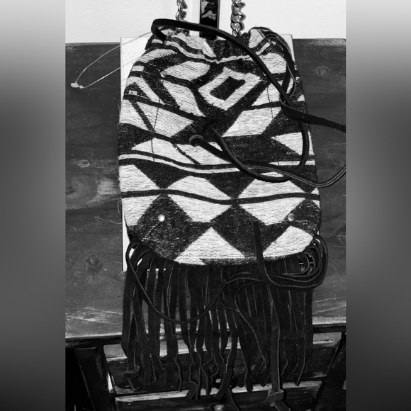 AEO American Eagle NEW Fabric Aztec Suede Fringe Drawstring Crossbody Bag - Picture 13 of 14